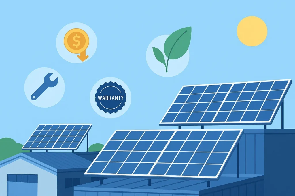keunggulan solar panel industri, ilustrasi hemat biaya, ramah lingkungan, perawatan mudah, dan garansi produk